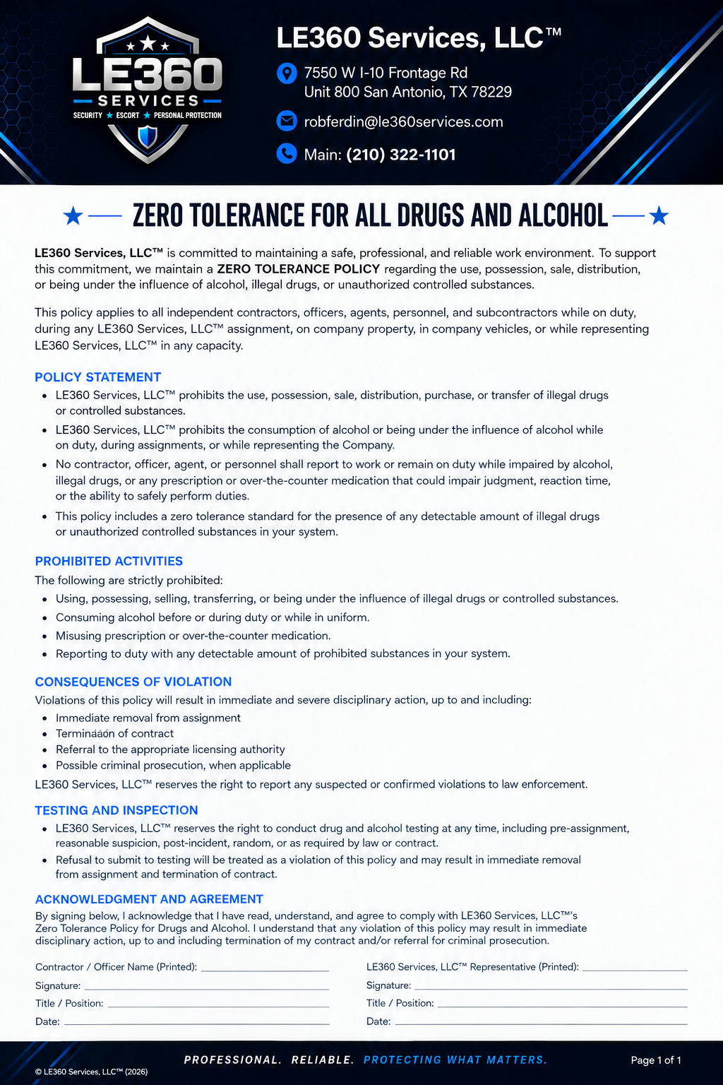 Zero Tolerance For All Drugs And Alcohol